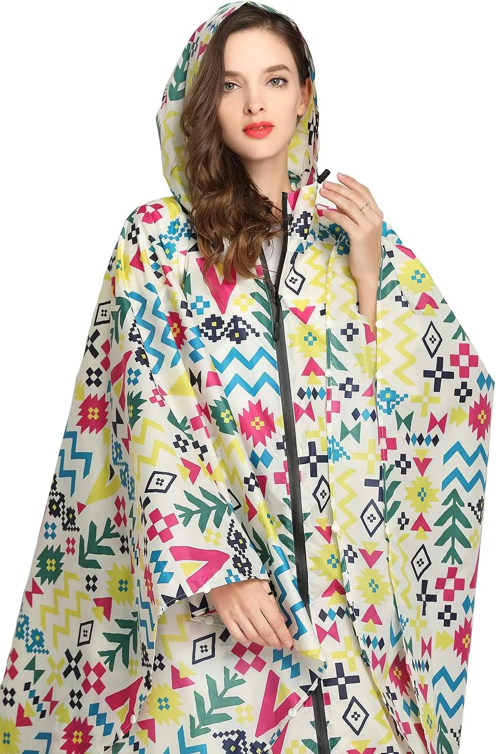 Womens Rain Poncho Stylish Polyester Waterproof Raincoat Free Size with Hood Zipper