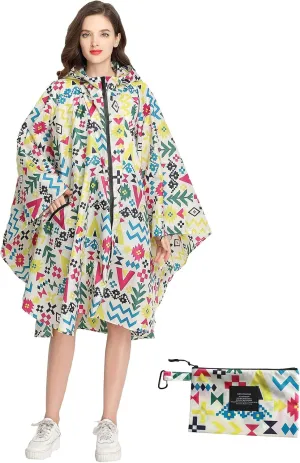 Womens Rain Poncho Stylish Polyester Waterproof Raincoat Free Size with Hood Zipper