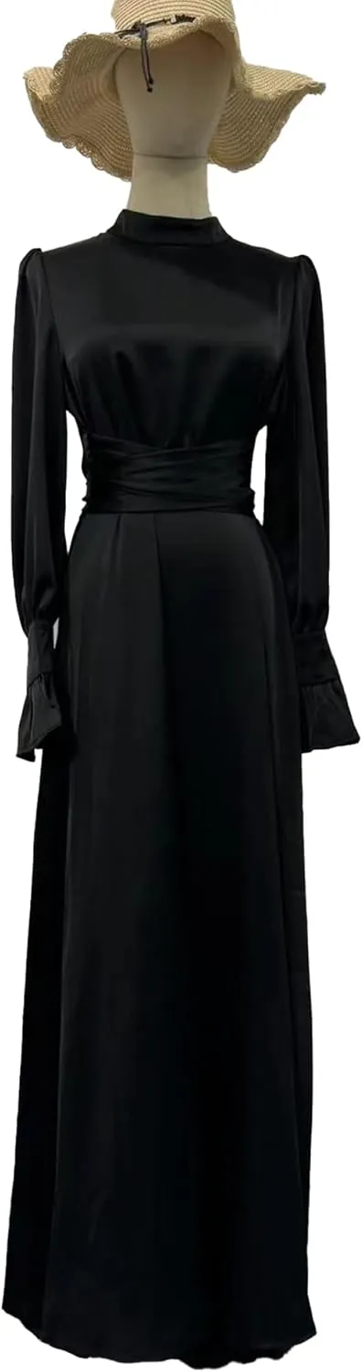xxxiticat Women's Green Satin Dress Long Lantern Sleeve Mock Neck Puff Shoulder Tie Waist Pleated Cocktail Maxi Slip Dresses