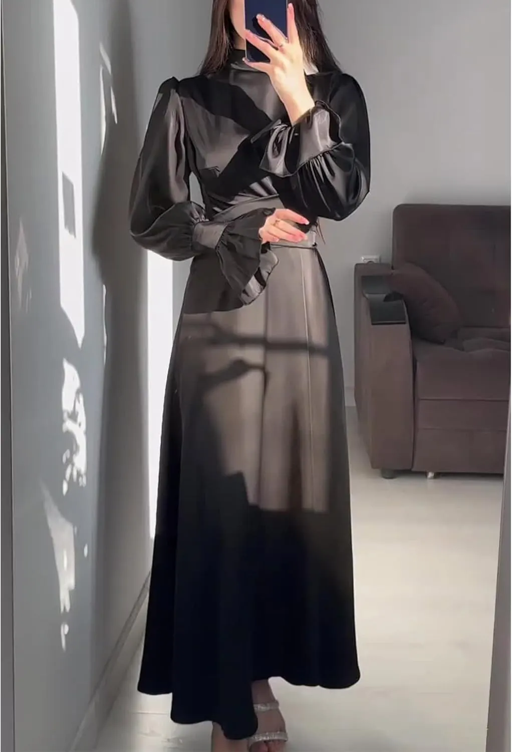 xxxiticat Women's Green Satin Dress Long Lantern Sleeve Mock Neck Puff Shoulder Tie Waist Pleated Cocktail Maxi Slip Dresses