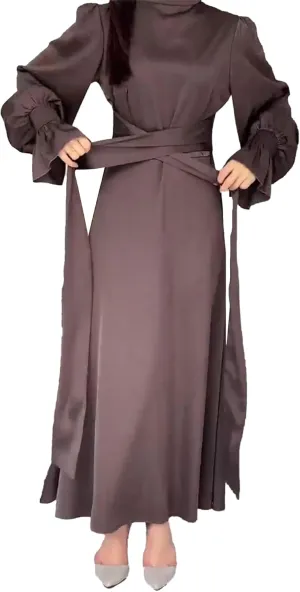 xxxiticat Women's Green Satin Dress Long Lantern Sleeve Mock Neck Puff Shoulder Tie Waist Pleated Cocktail Maxi Slip Dresses