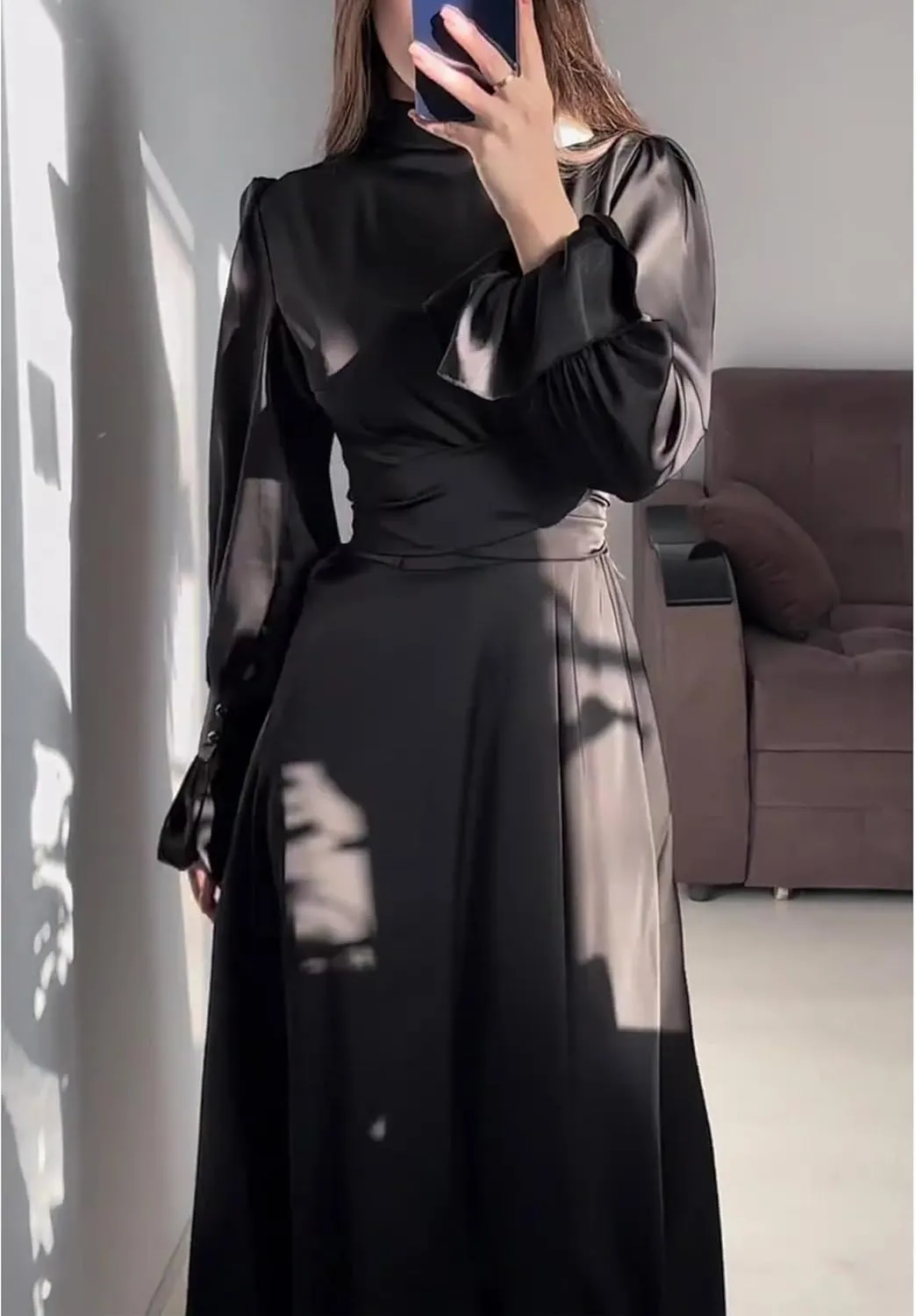 xxxiticat Women's Green Satin Dress Long Lantern Sleeve Mock Neck Puff Shoulder Tie Waist Pleated Cocktail Maxi Slip Dresses