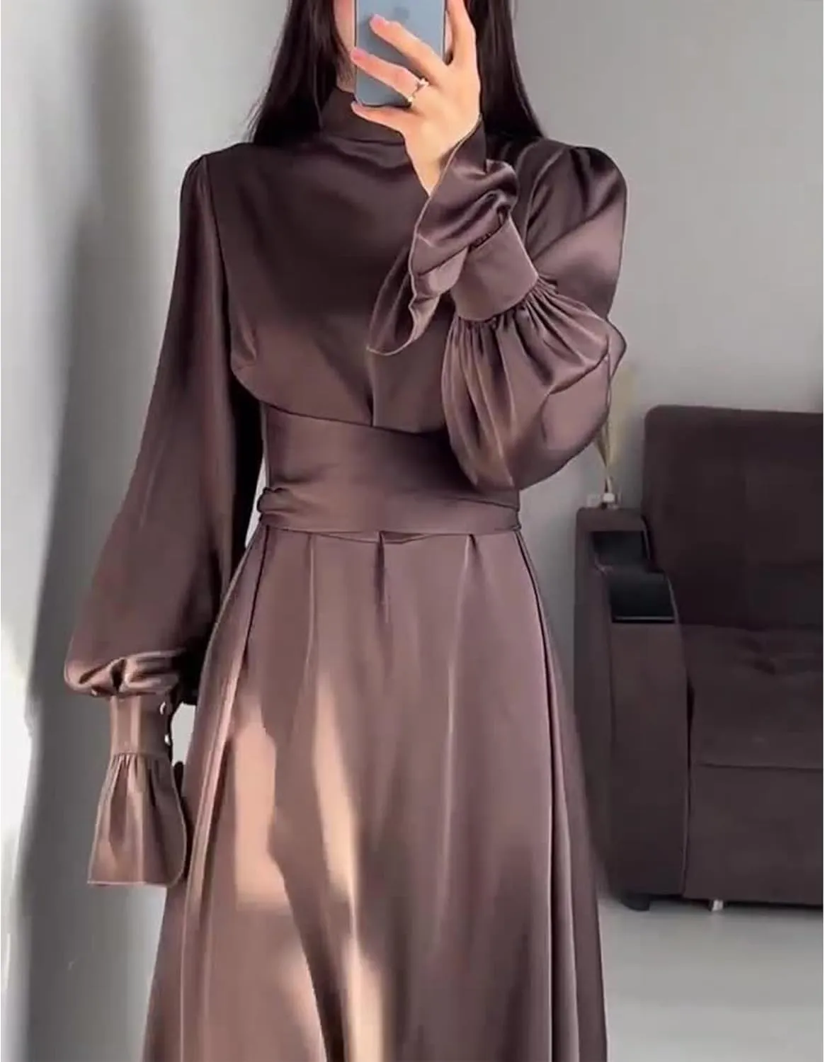 xxxiticat Women's Green Satin Dress Long Lantern Sleeve Mock Neck Puff Shoulder Tie Waist Pleated Cocktail Maxi Slip Dresses