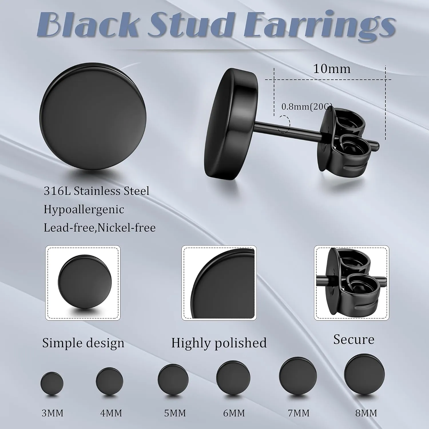 YADOCA 6 Pairs Black Stud Earrings for Men Women Hypoallergenic 316L Surgical Stainless Steel Round Dot CZ Ball Black Earrings Studs Set 3-12 MM